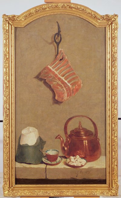 Still Life with meat, kettle, cup, sugar loaf and sugar lumps by Jean Baptiste Oudry